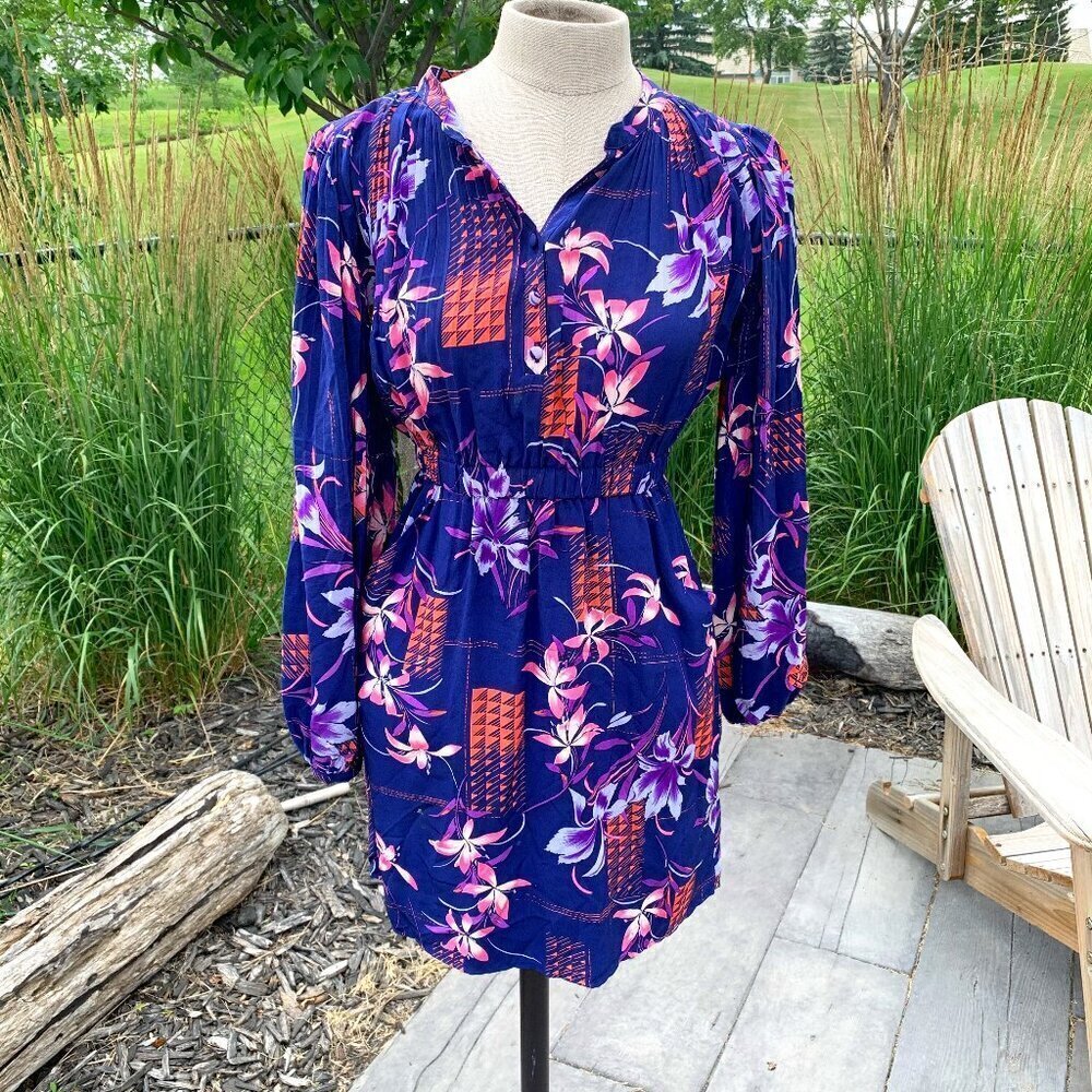 Anthropologie Yumi Kim Silk Tropical Floral Print Long Puff Sleeve Mini Dress